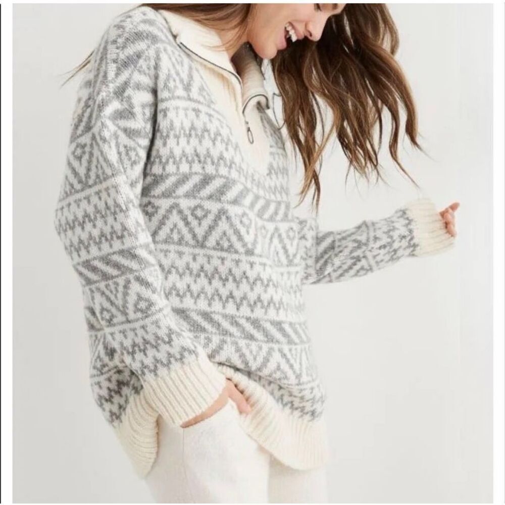 Aerie Gray Cream Wool Blend 1/4 Zip Pullover‎ Sweater Oversized XL